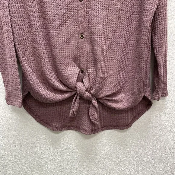 Iwollence Womens Small Waffle Knit Top Mauve Long Sleeve V Neck Tie Knot NWTs - Picture 5 of 8